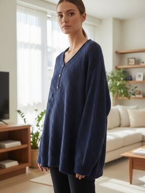 COOGI Australia Haute Couture Navy Oversized Pointelle Alpaca Wool Sweater M
